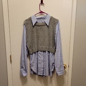 Gray Knit Vest with Blue Striped Shirt